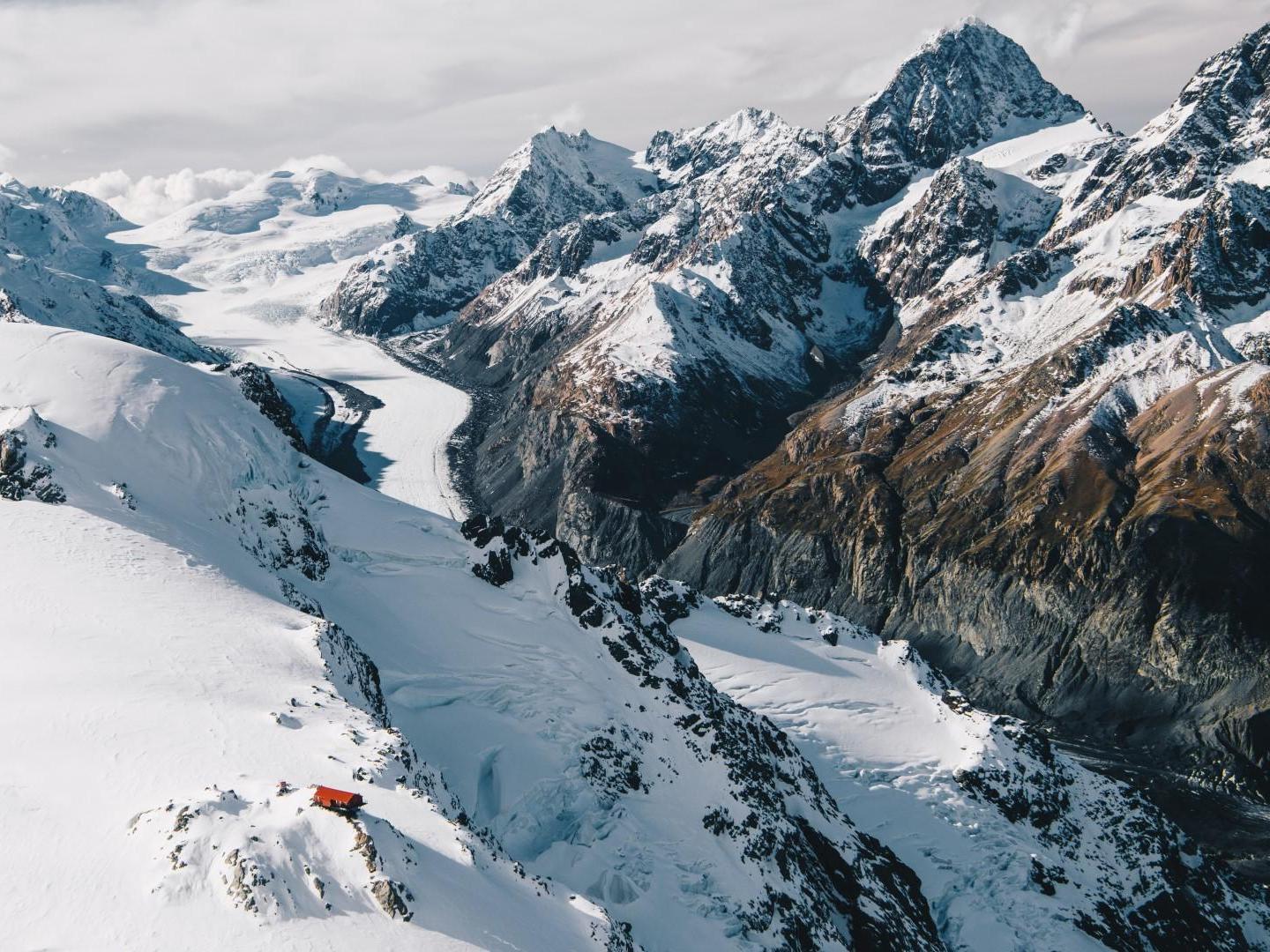 Aerial view of mt cook covered with snow